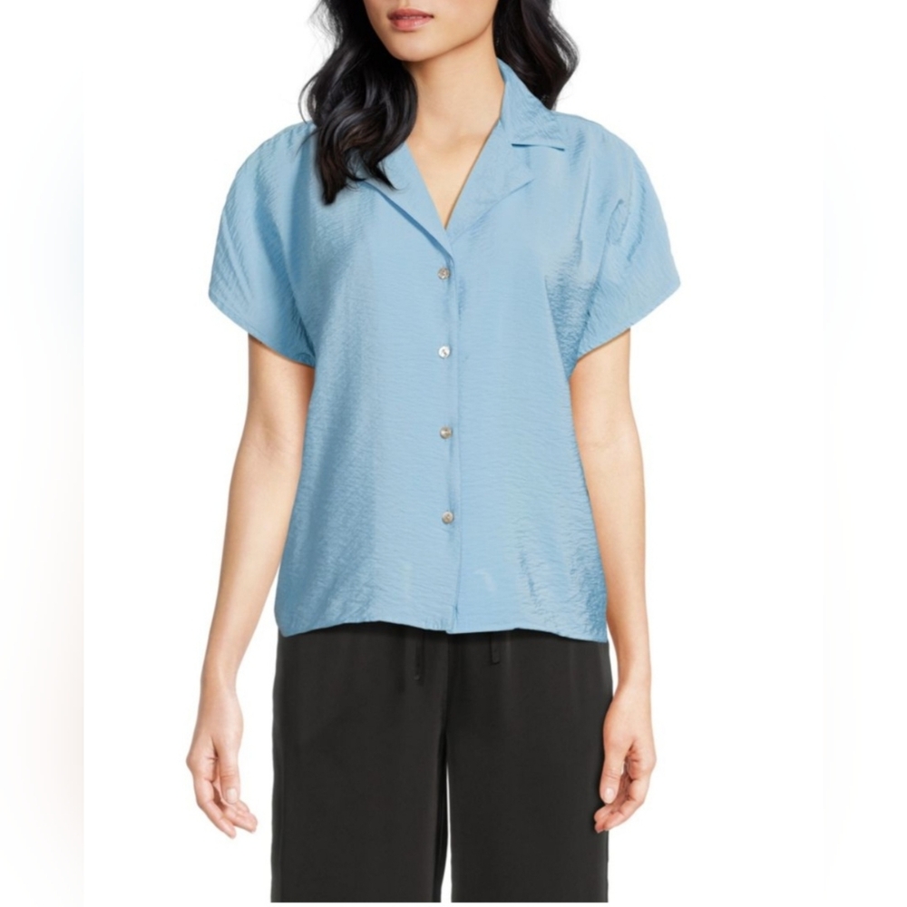 NWT Saks Fifth Avenue Hammered Satin Camp Shirt Blue Button Front Blouse M